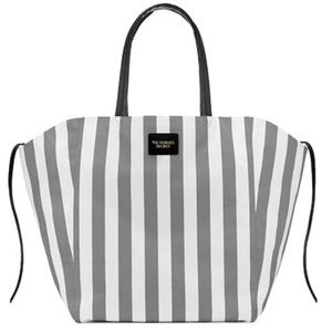 New! VICTORIA'S SECRET STRIPED GRAY + WHITE CANVAS LARGE TOTE BAG.